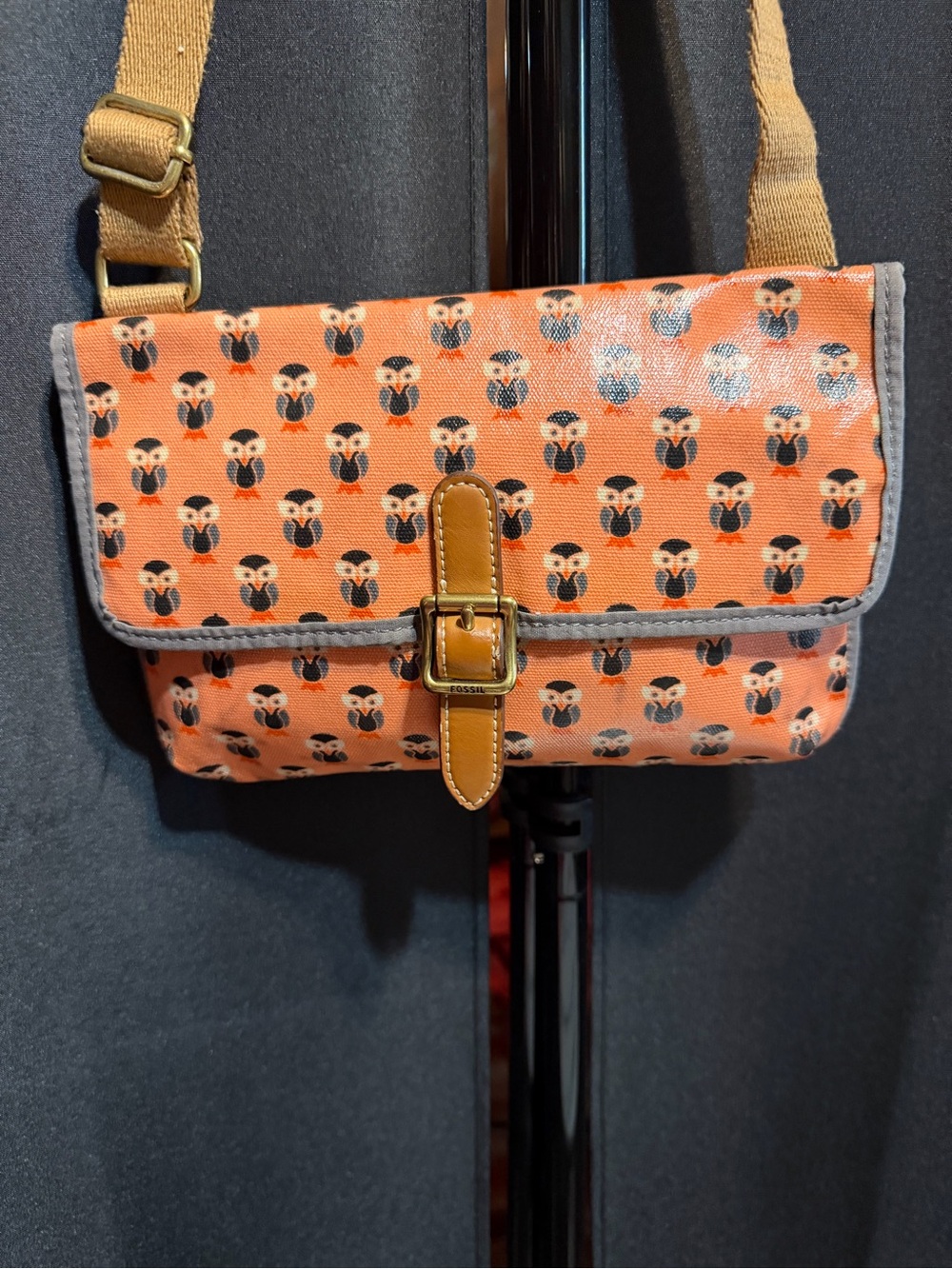Fossil Orange Owl-Pattern Crossbody with Tan Strap